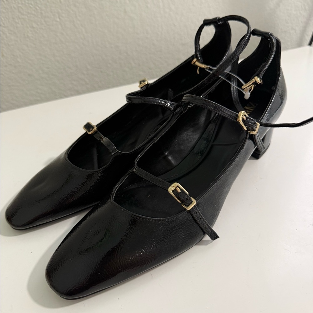 Zara Black Patent Triple Strap Block Heel Maryjane with Ankle Strap - Picture 5 of 8